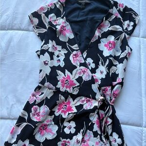 Banana Republic Black Floral Wrap Dress with Pink & White Blooms